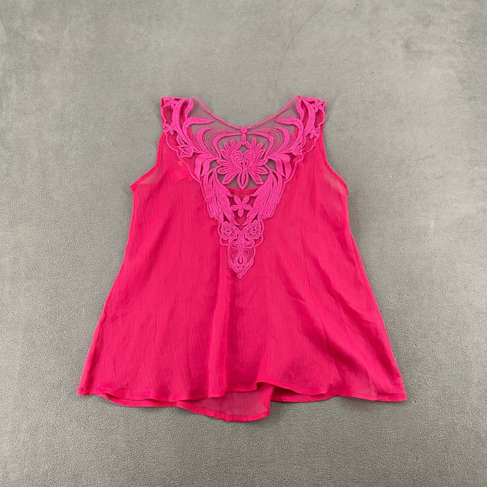 Catch My I Hot Pink Lace Mesh Back Sleeveless Top Y2K Crinkle Tank Medium